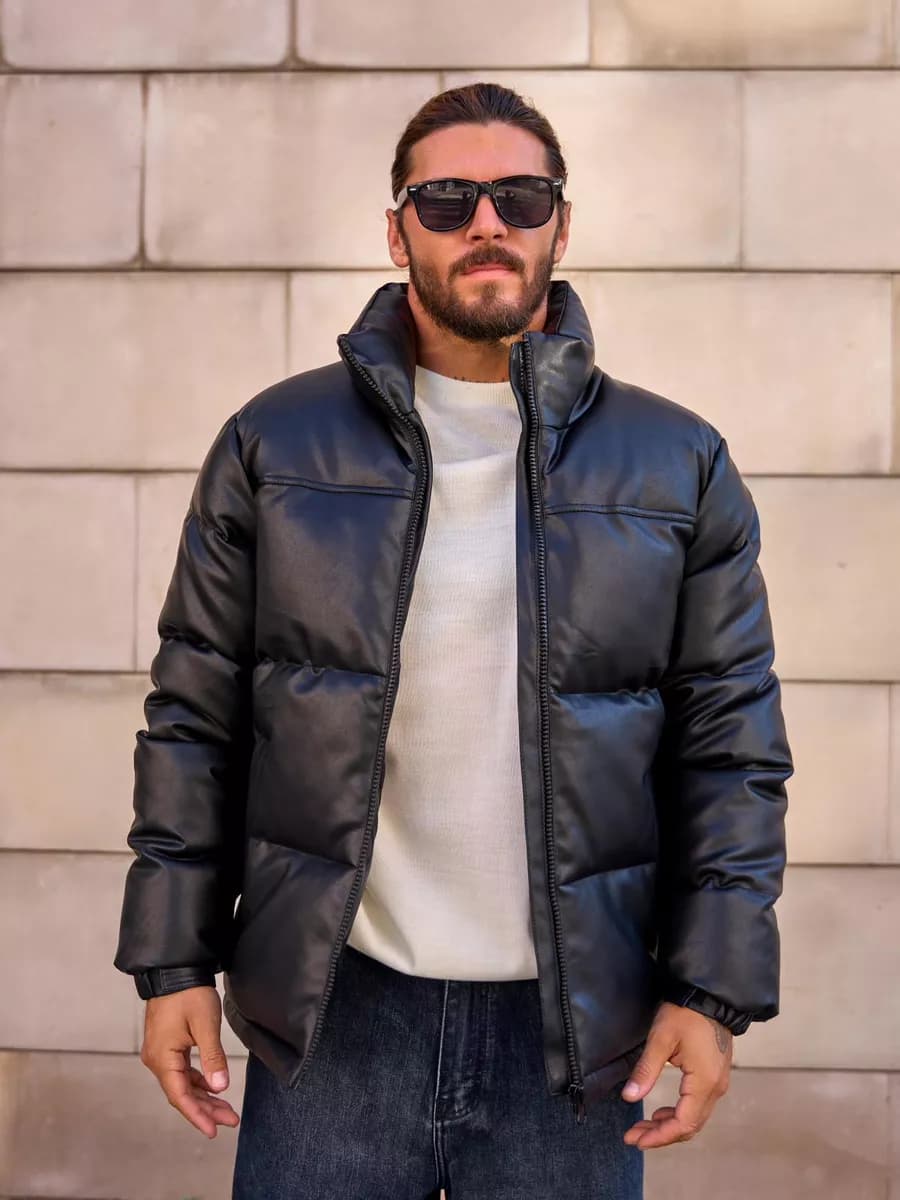 Кожаная куртка пуховик зимняя - фото 1