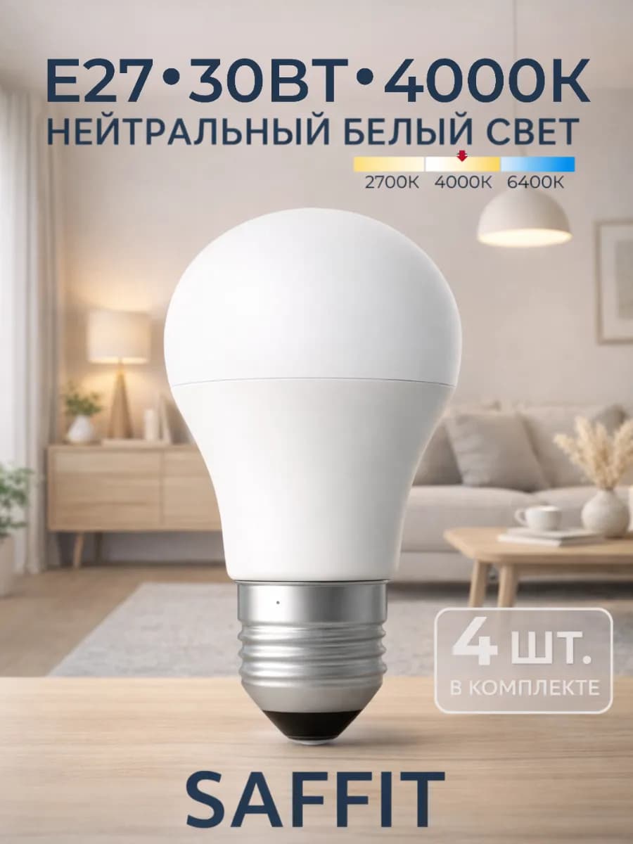 Светодиодная лампочка E27 30Вт 4000К нейтральный свет