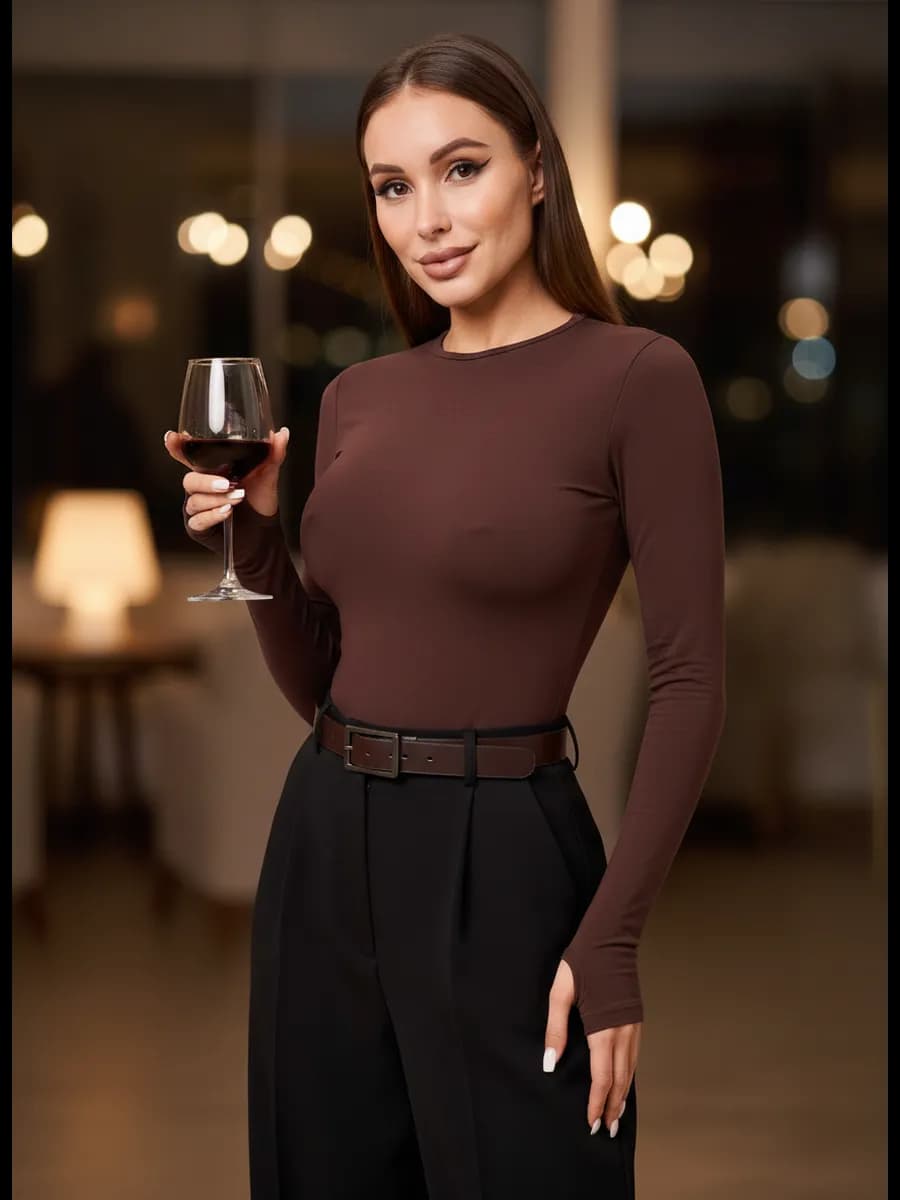 Боди коричневое с длинным рукавом утягивающее skims