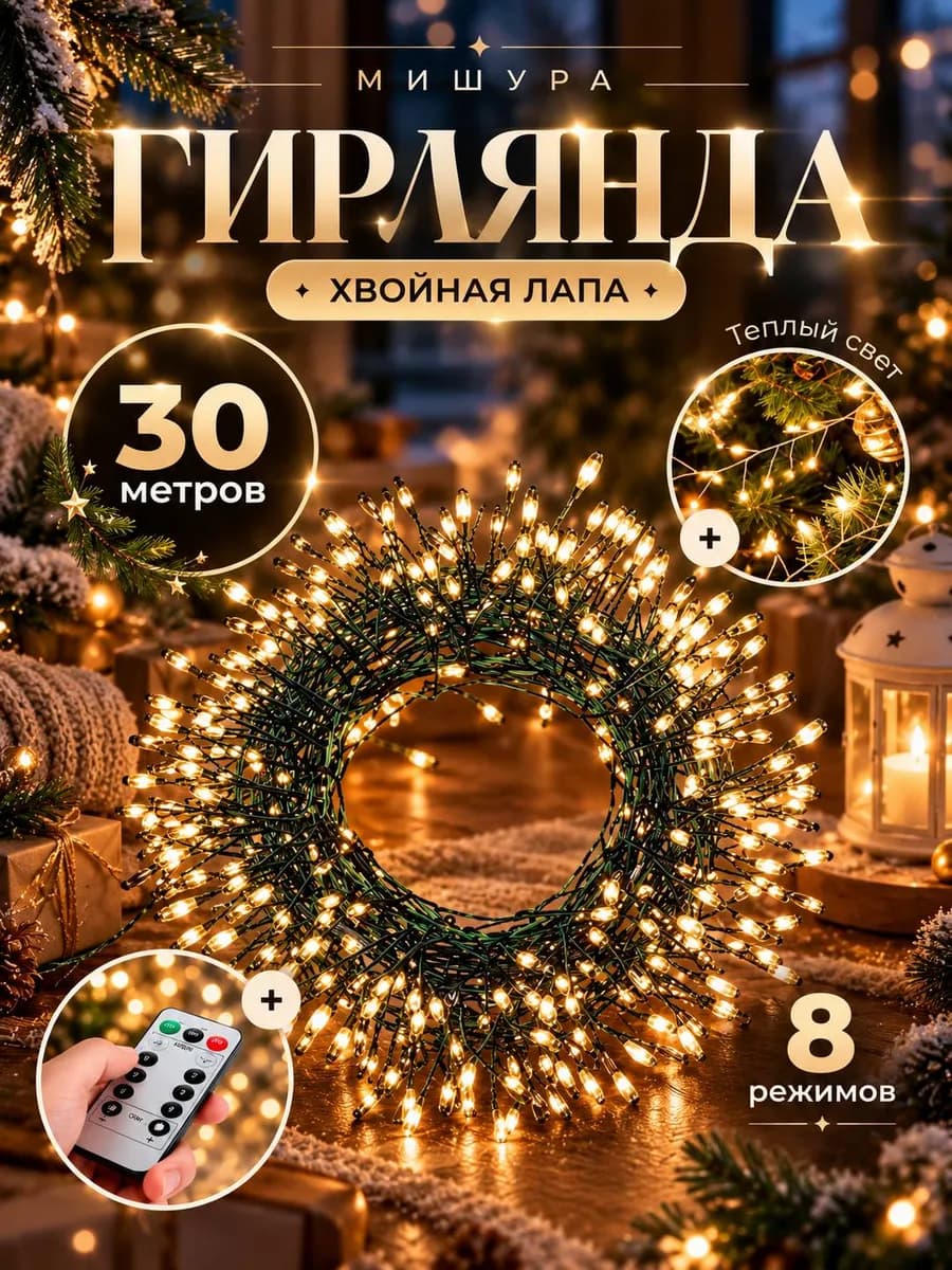 Новогодняя гирлянда хвойная лапа мишура 30м