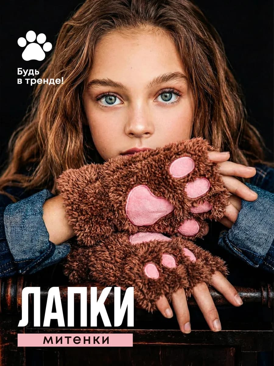 Варежки лапки кошки LUX теплые без пальцев