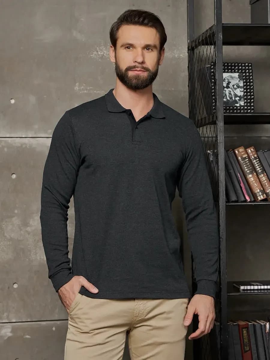 Лонгслив поло с длинным рукавом хлопок
