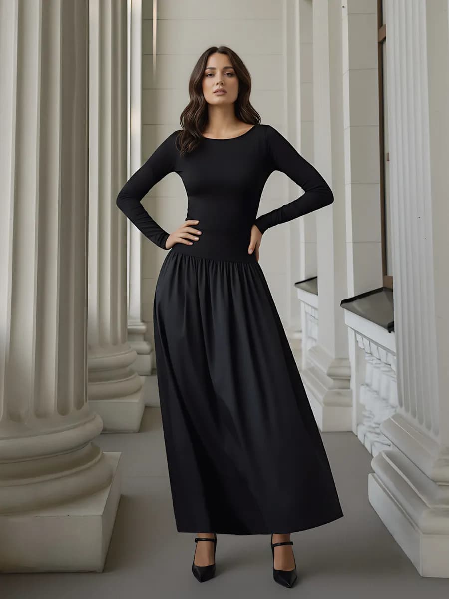 Платье комбинированное баллон длинное в пол макси