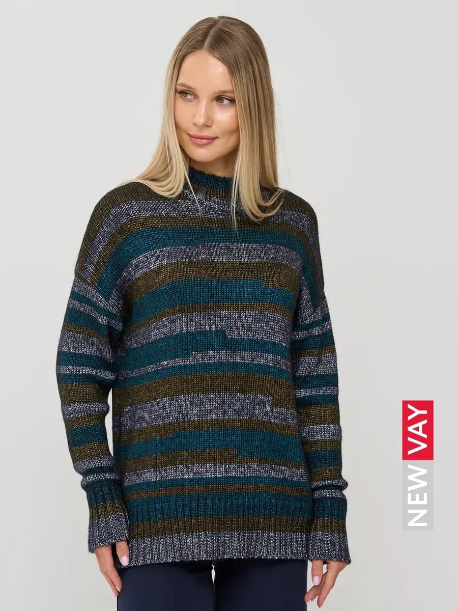 Джемпер теплый вязаный удлиненный в полоску