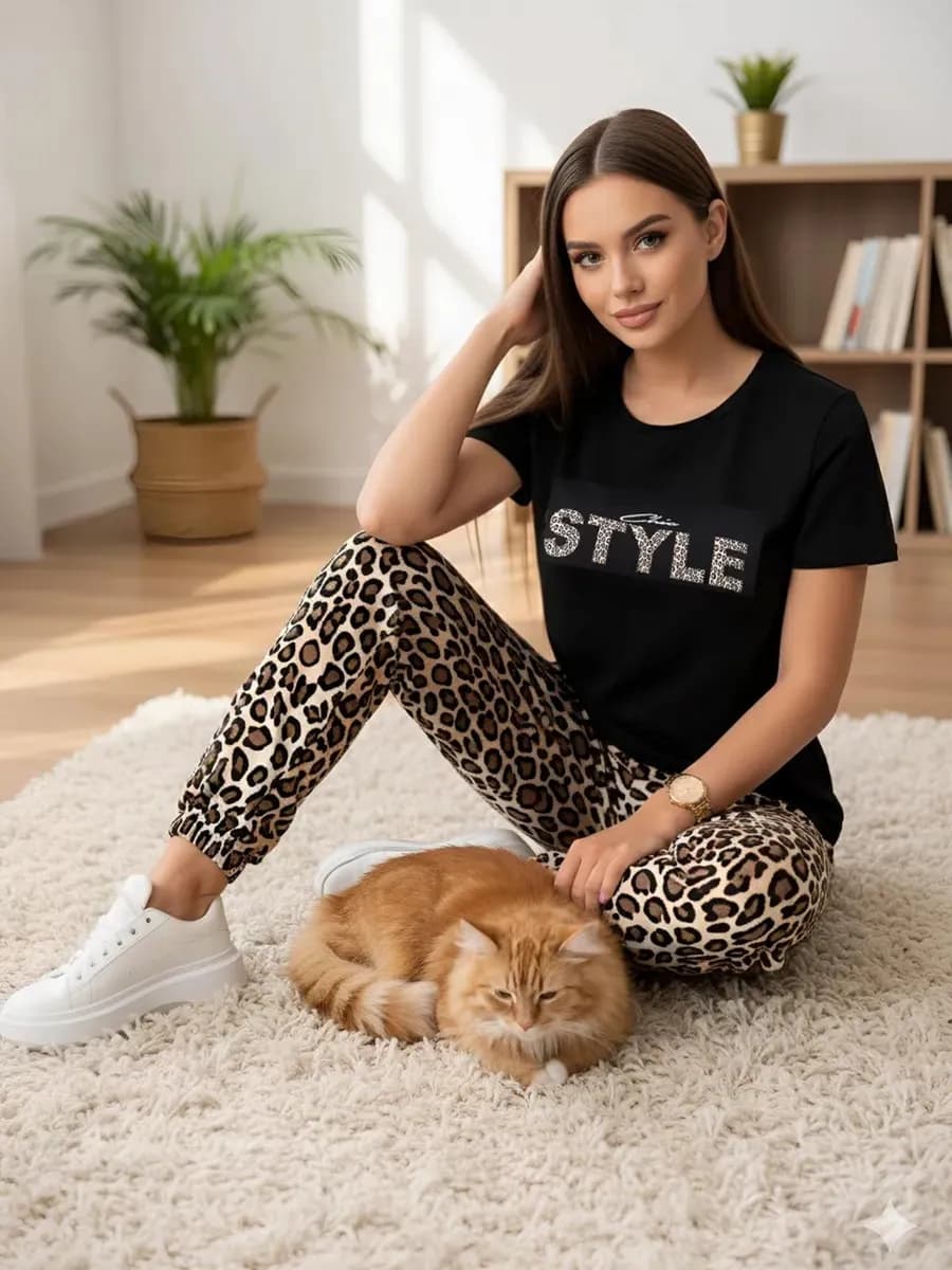 Костюм женский домашний с брюками леопардовый