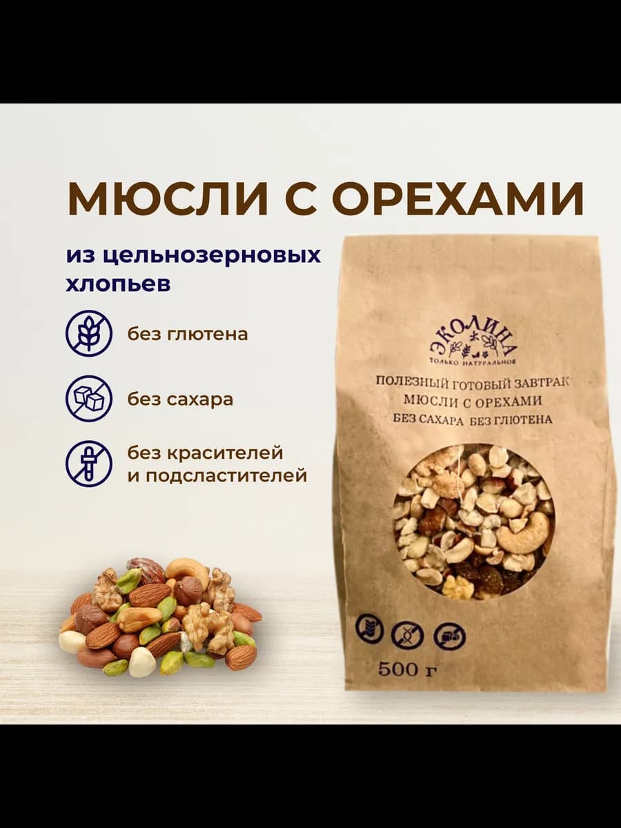 Мюсли с орехами без глютена и без сахара. 500 г