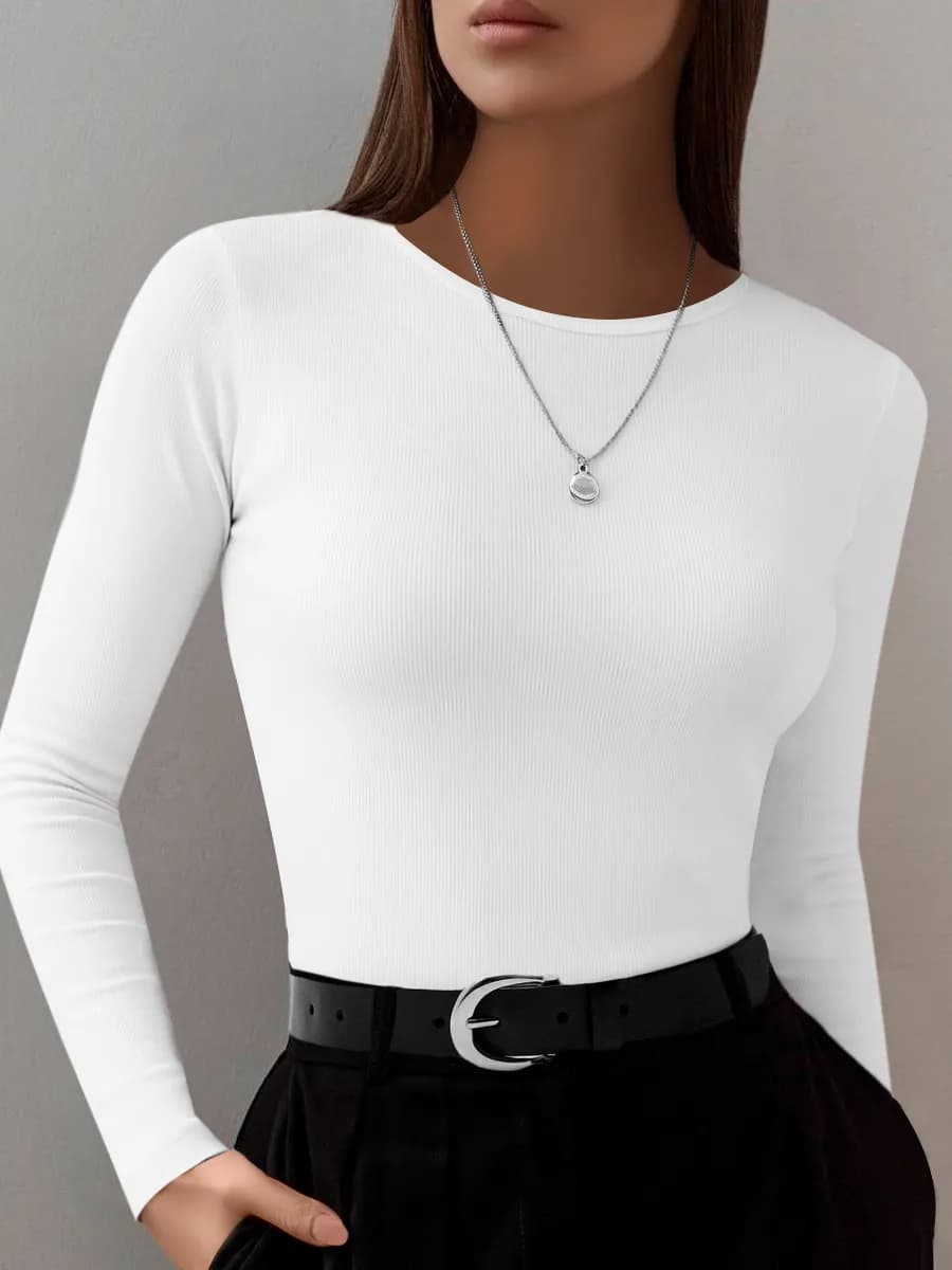 Облегающий лонгслив в рубчик с длинным рукавом приталенный - фото 1