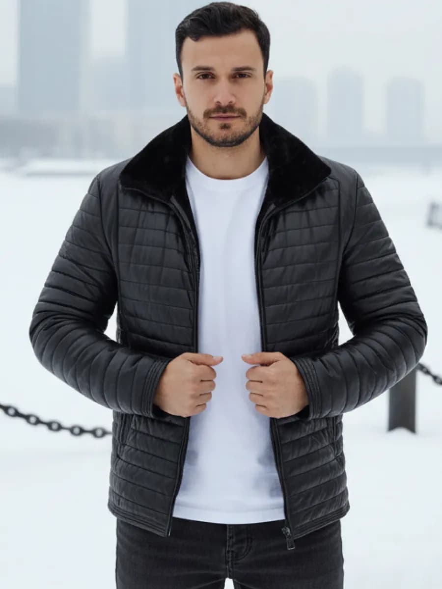 Куртка кожаная зимняя стеганая с мехом