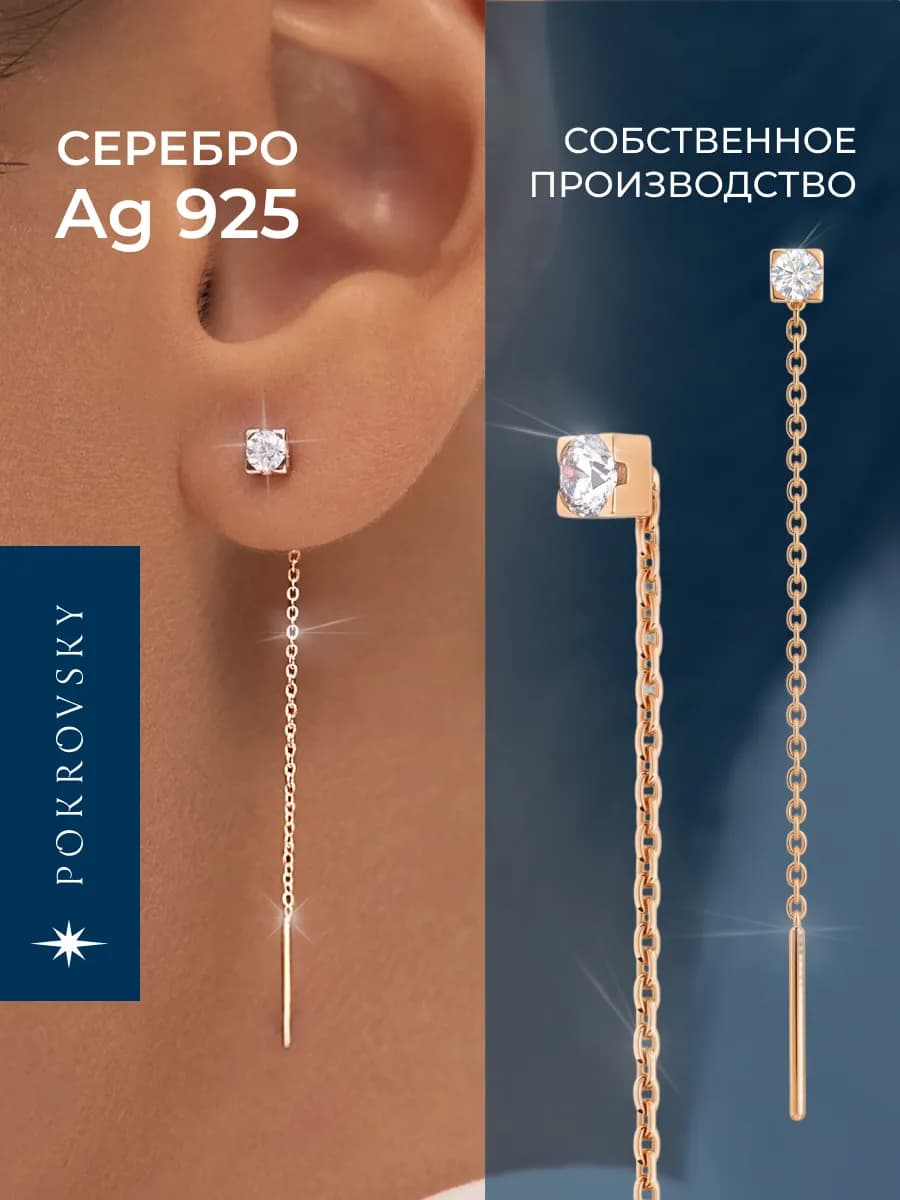 Серьги серебро 925 с позолотой протяжки