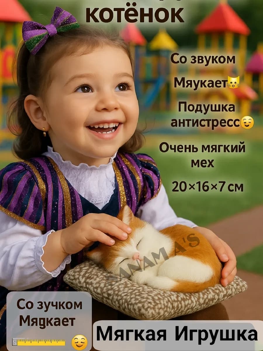 Котёнок мягкий со звуком и подушкой, очень реалистичный