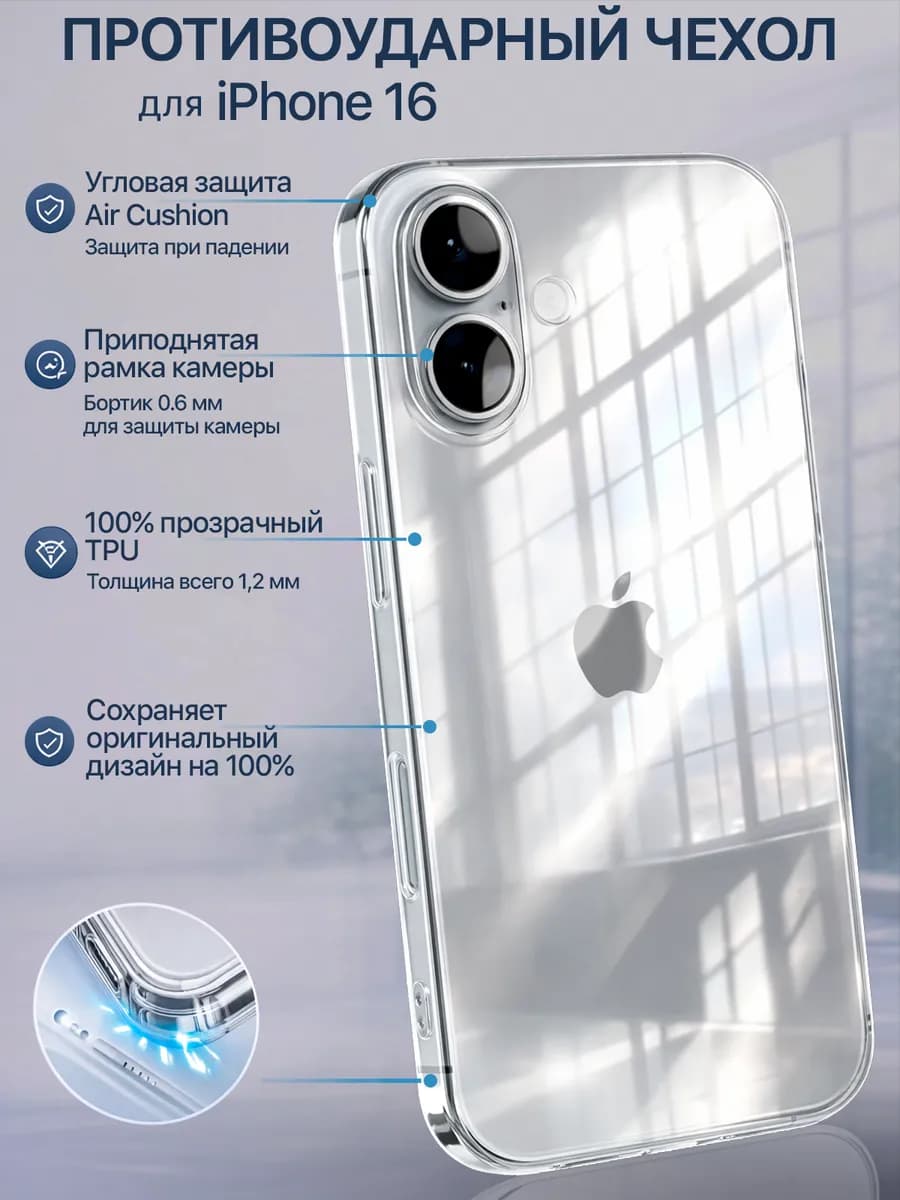 Чехол на iPhone 16 прозрачный силиконовый защита камеры