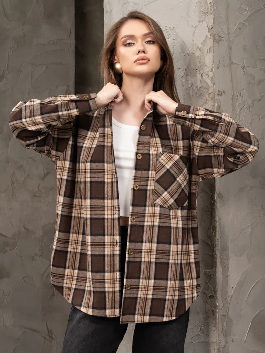 Рубашка коричневая в клетку оверсайз удлиненная - фото 1