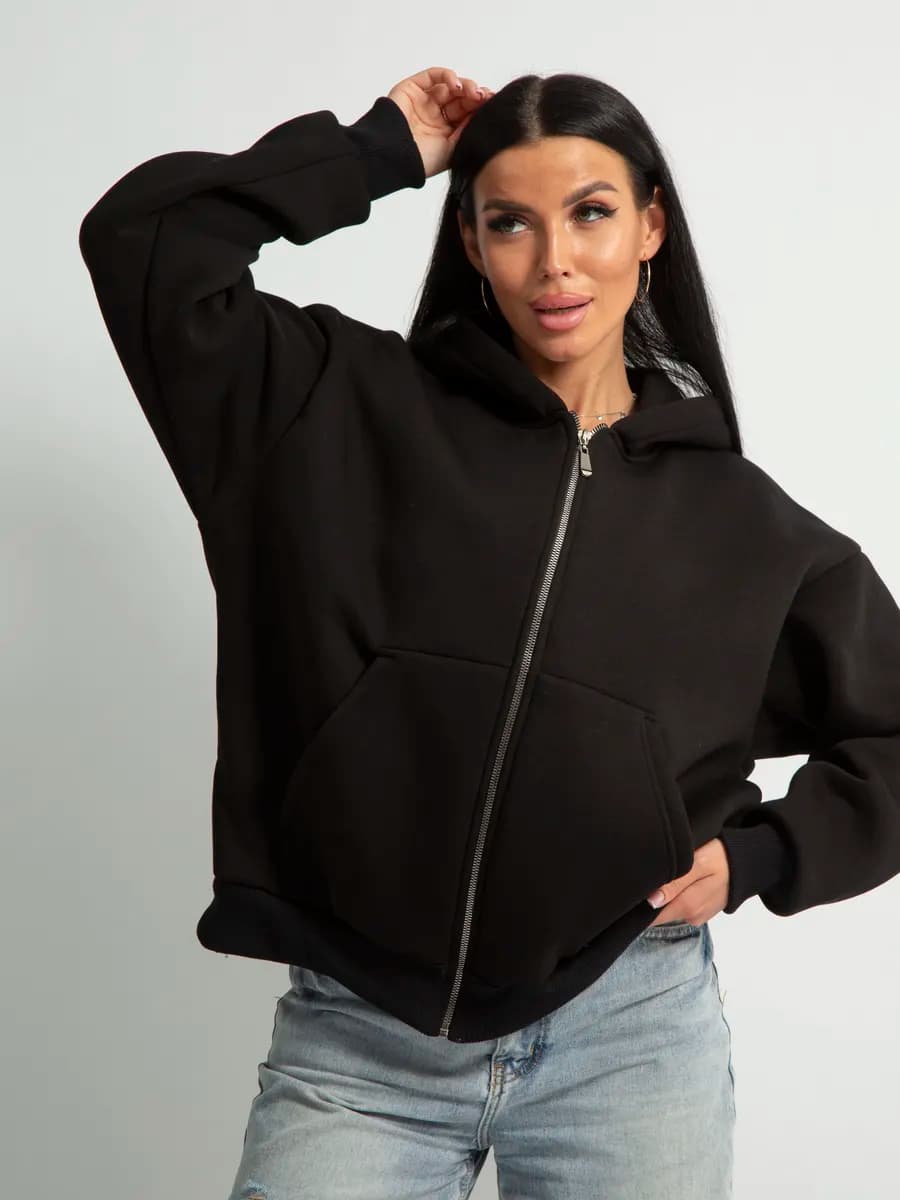 Худи оверсайз с начесом на молнии с капюшоном и принтом