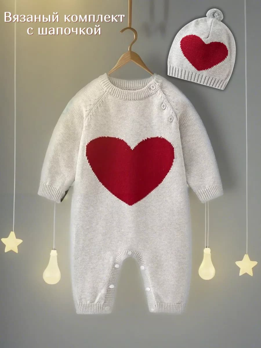 Вязаный комбинезон слип для новорожденных с шапочкой