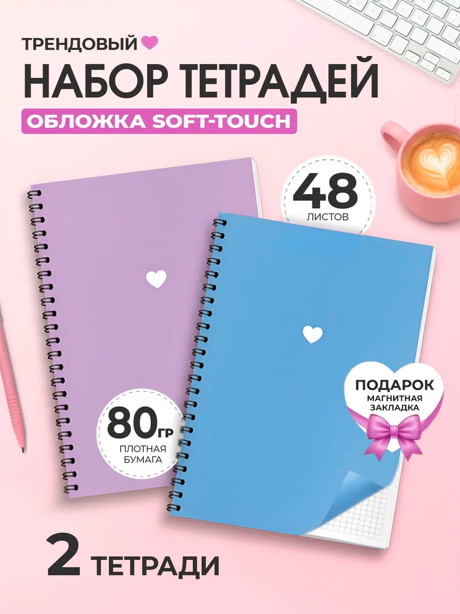Тетрадь 48 листов в клетку на пружине набор 2 шт общие А5
