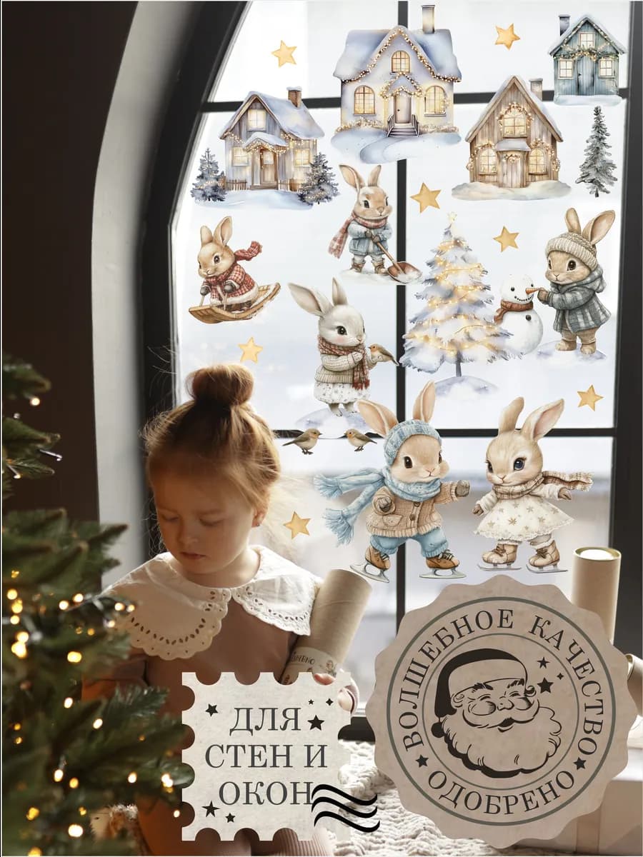 Новогодние наклейки на окна и стены Зайцы 2026