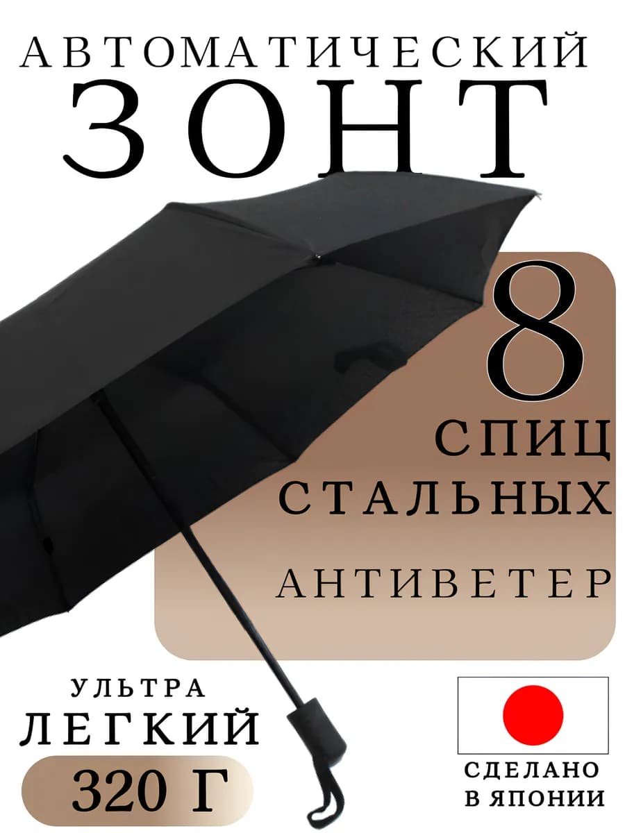 Зонт мужской автомат черный Антиветер сталь