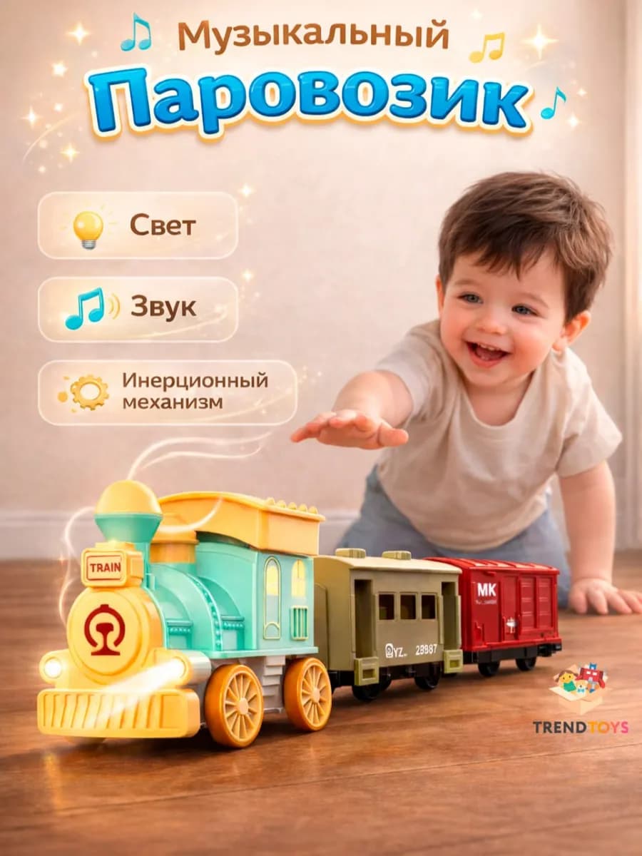Поезд детский, музыкальный паровозик с вагонами