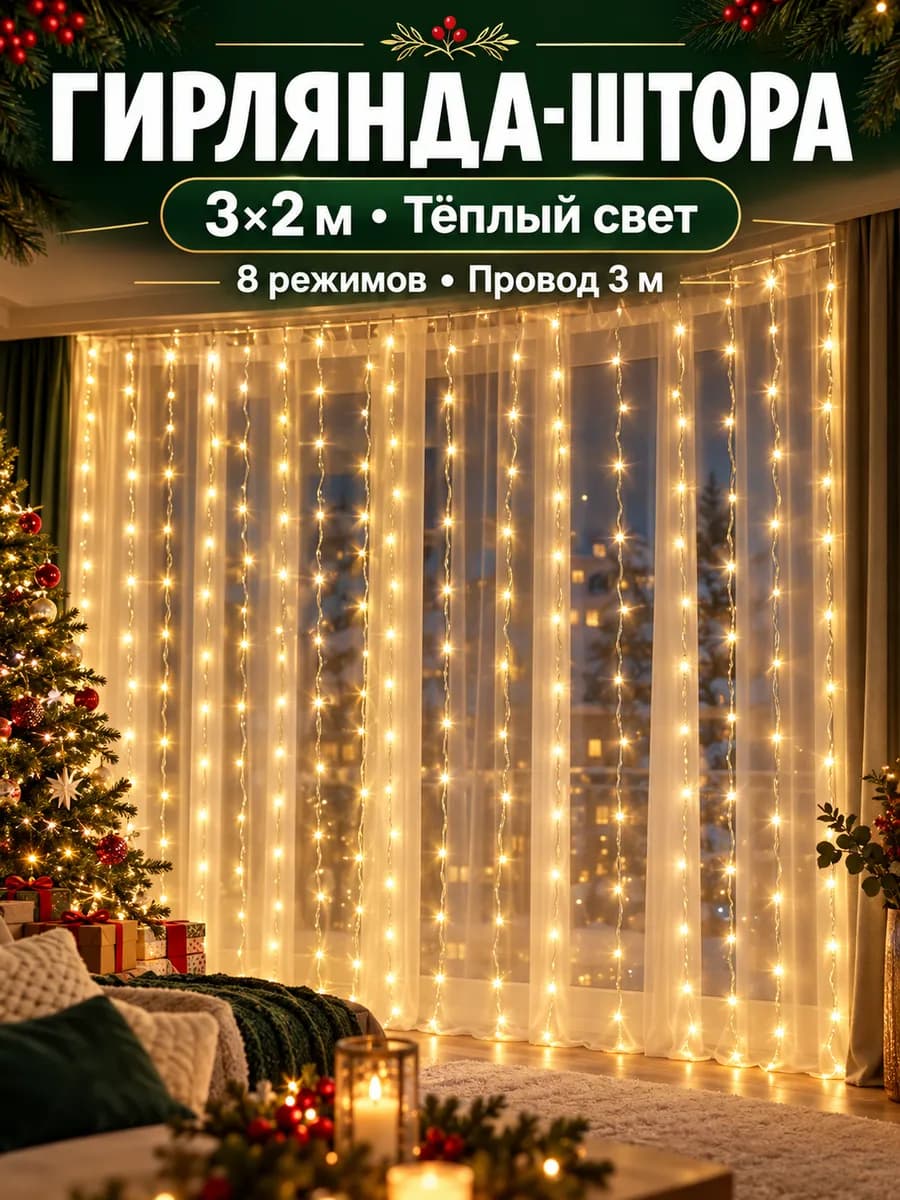 Гирлянда штора новогодняя на окно 3х2 теплый свет