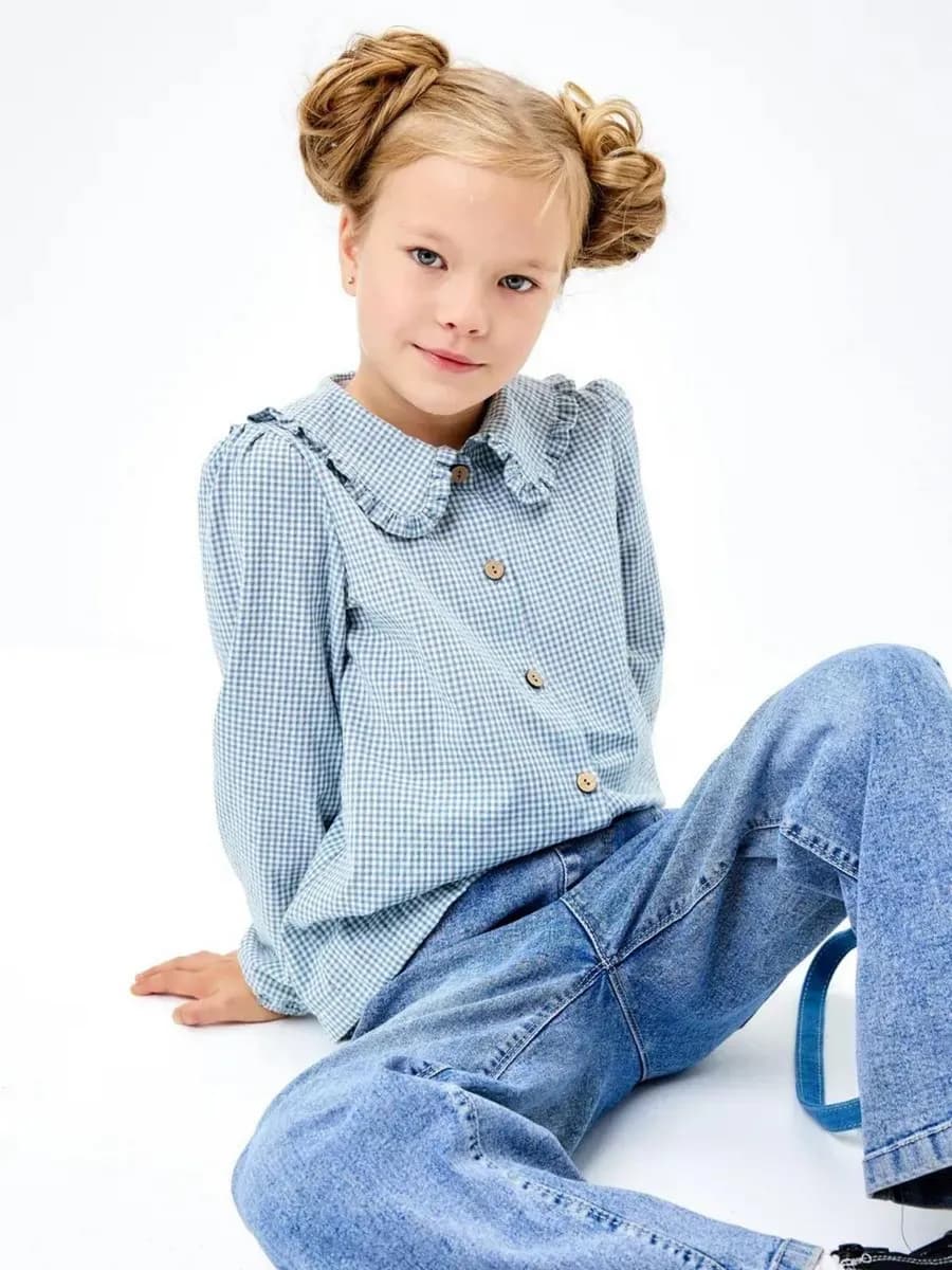 Школьная блузка в клетку, рубашка с воротником