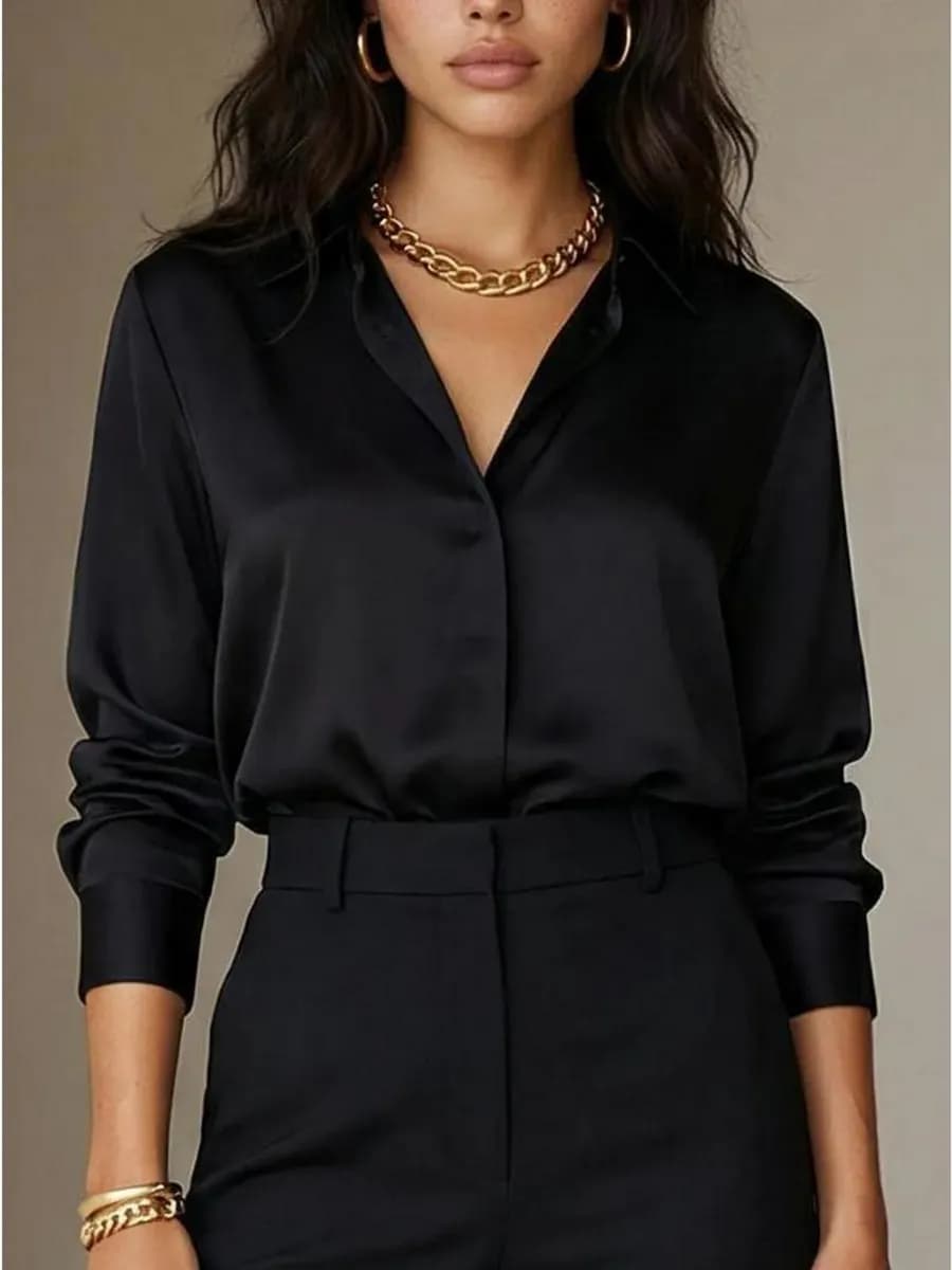 Блузка рубашка шелковая с длинным рукавом офис черная