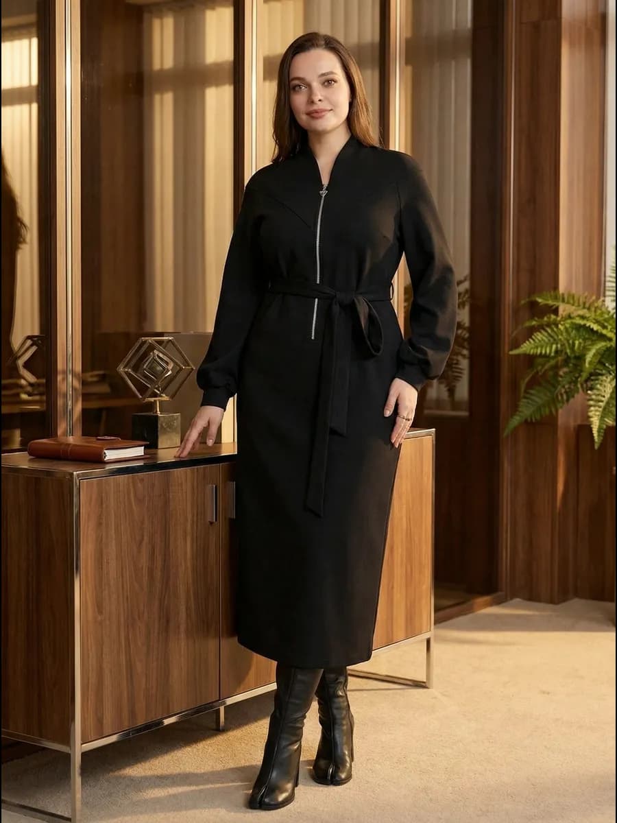 Платье теплое офисное больших размеров длинное