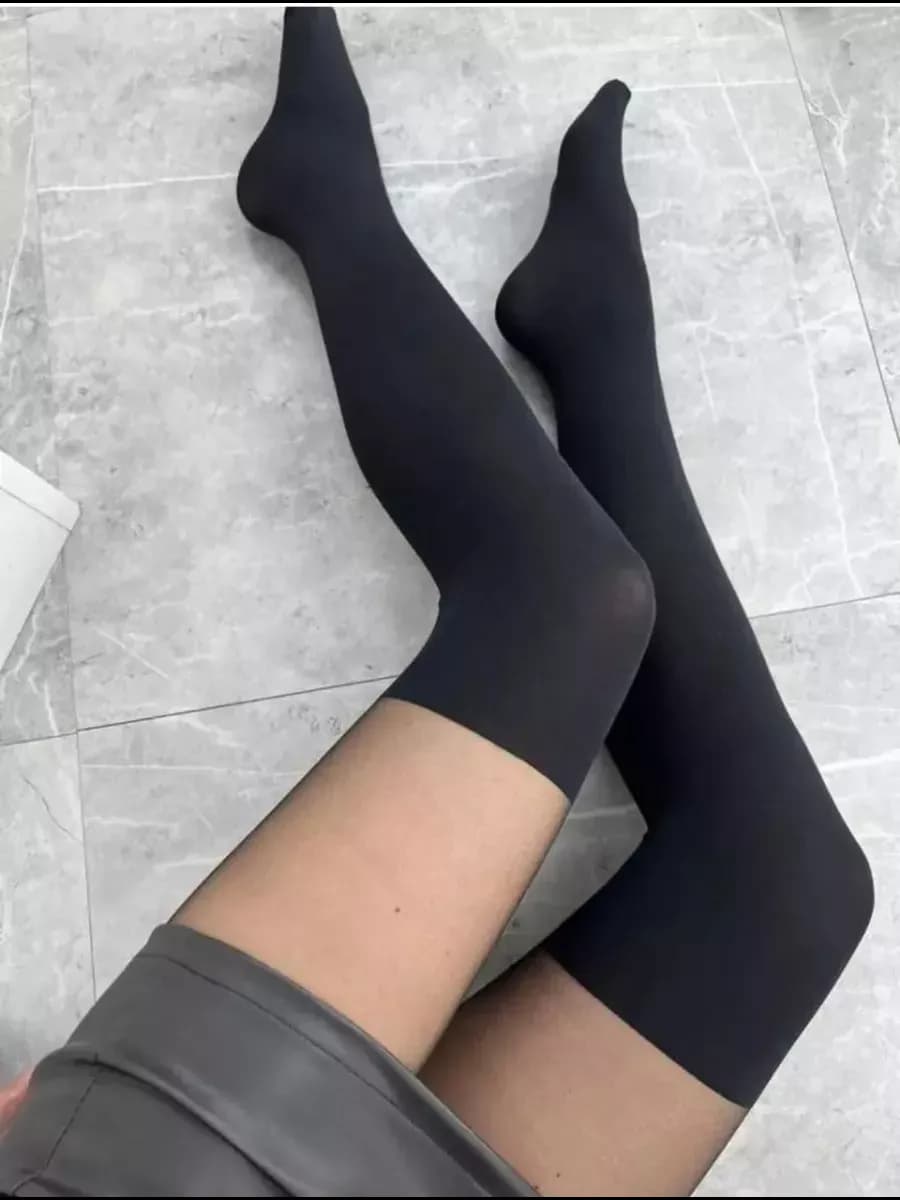 Колготки с рисунком имитацией чулок, капроновые черные - фото 1