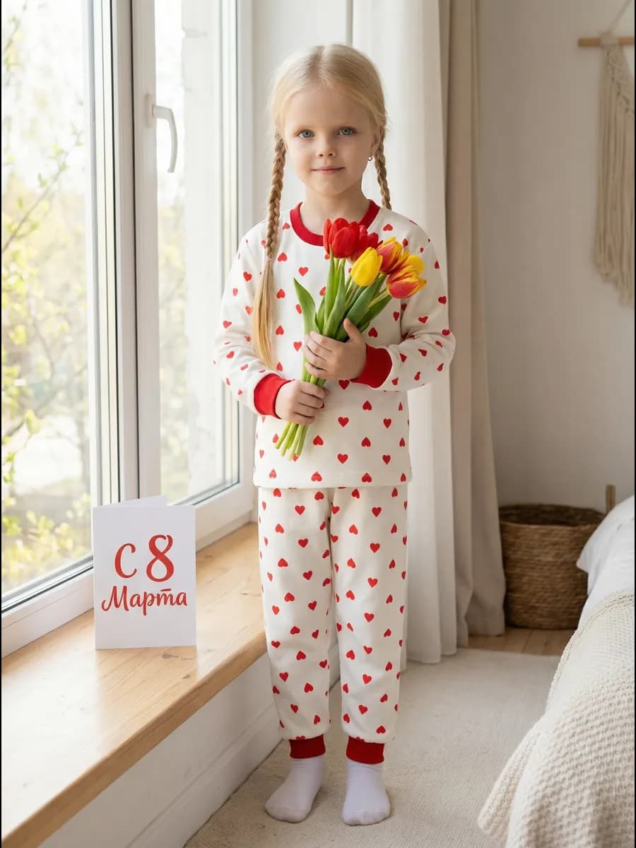 Теплая пижама детская с принтом сердечки