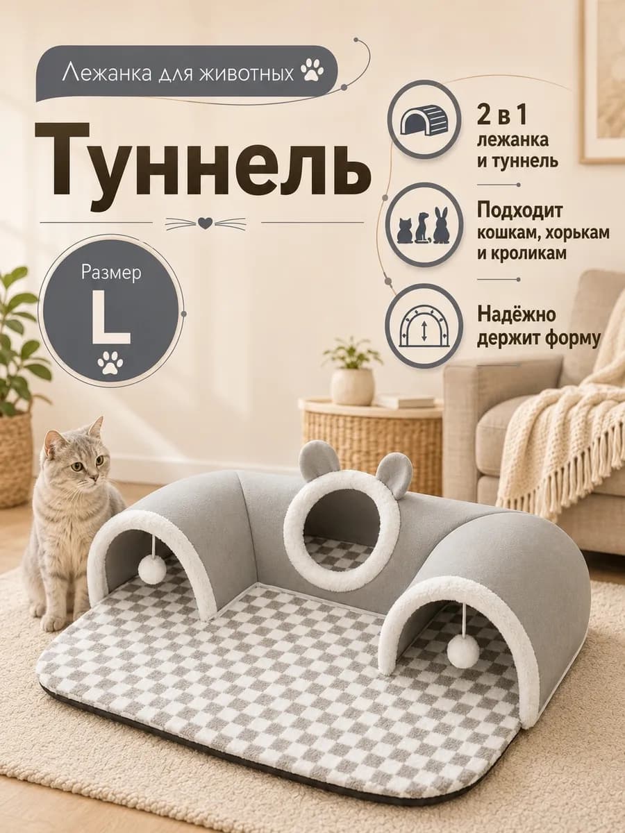 Лежак с туннелем и игрушкой для животных Lucky (Размер L)