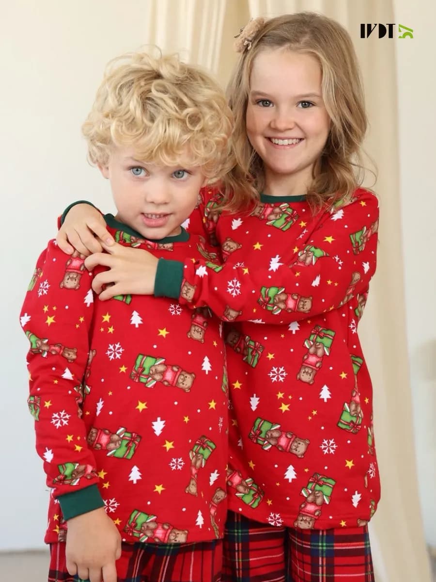 Пижама детская со штанами новогодняя в клетку теплая - фото 1