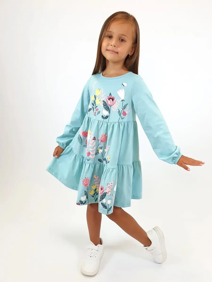 Платье детское с длинным рукавом и вышивкой в садик
