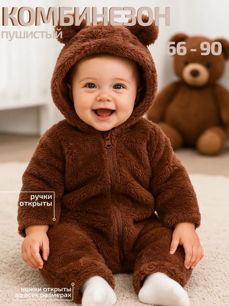 Комбинезон пушистый плюшевый для новорожденных Мишка