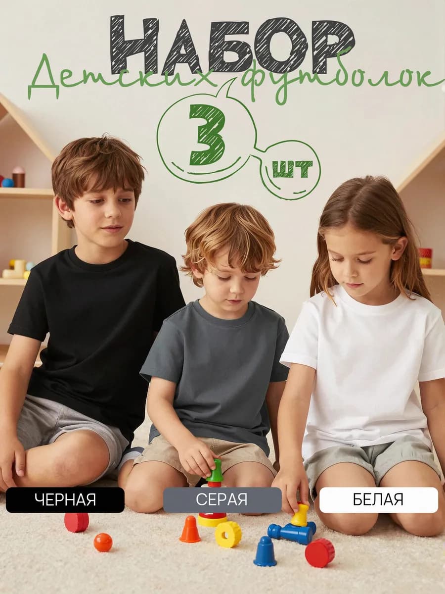 Однотонная футболка детская набор 3 штуки