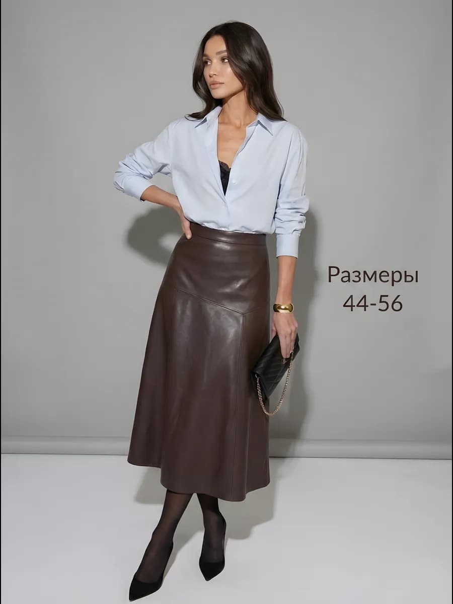 Юбка кожаная трапеция миди