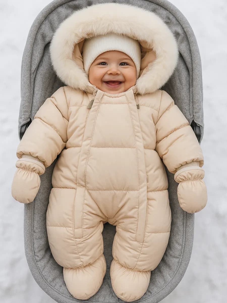 Комбинезон зимний для новорожденных с мехом бежевый