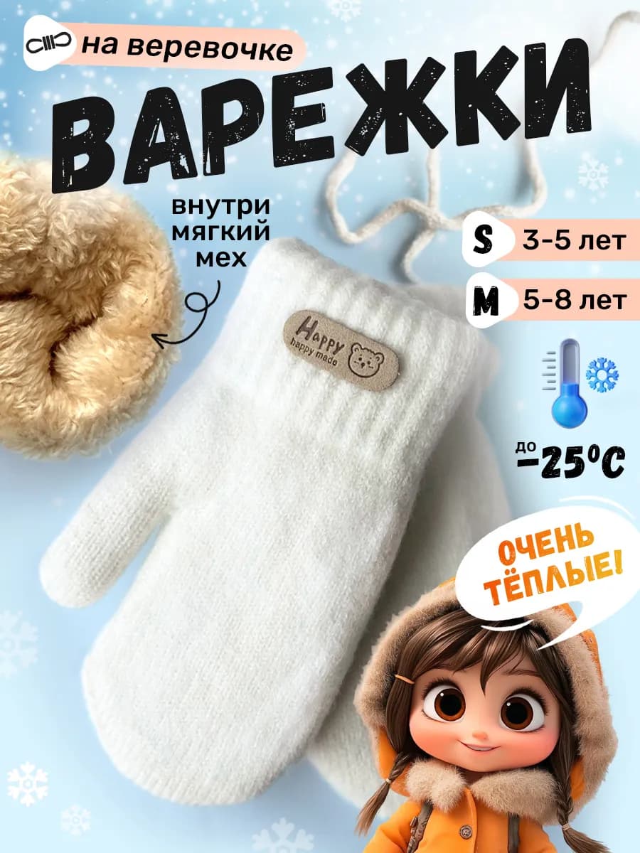Варежки зимние на веревочке
