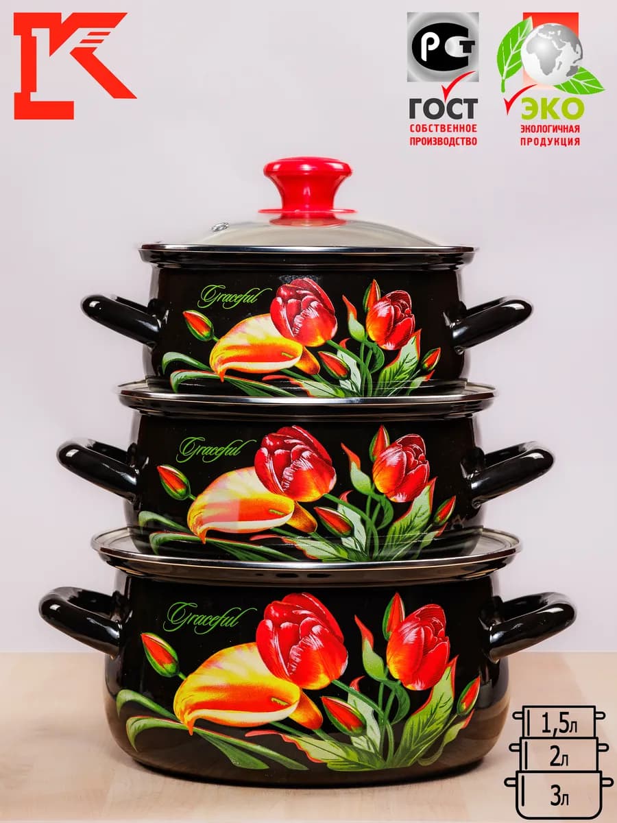 Набор кастрюль эмалированных с крышками 3 шт