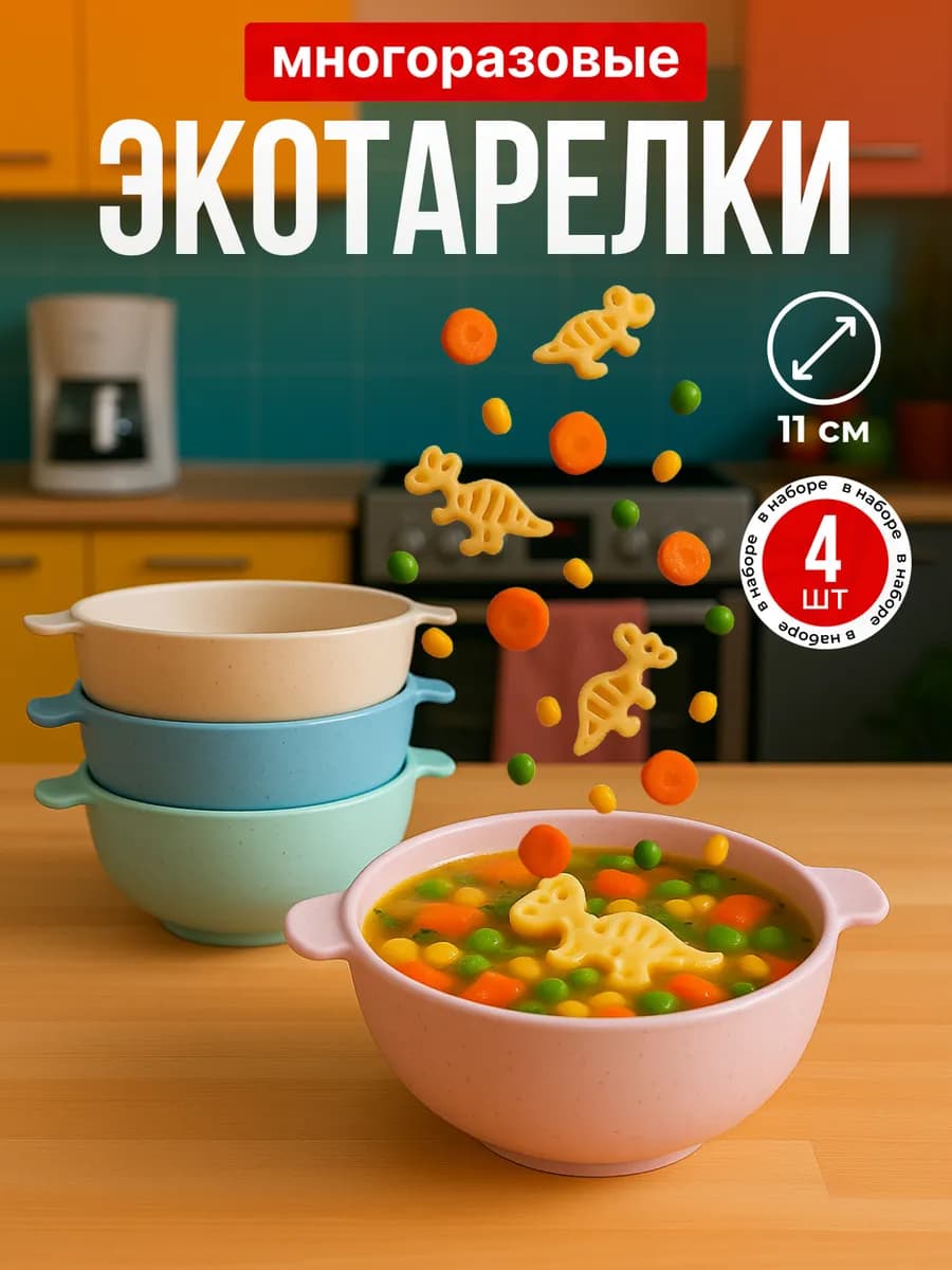 Тарелки пластиковые глубокие с ручками 4 штуки в наборе экоп…