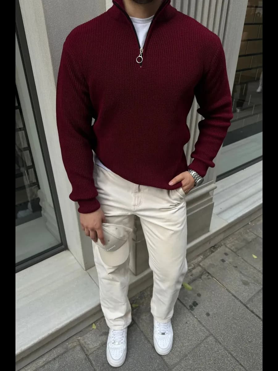 Свитер оверсайз теплый вязаный на молнии с воротником