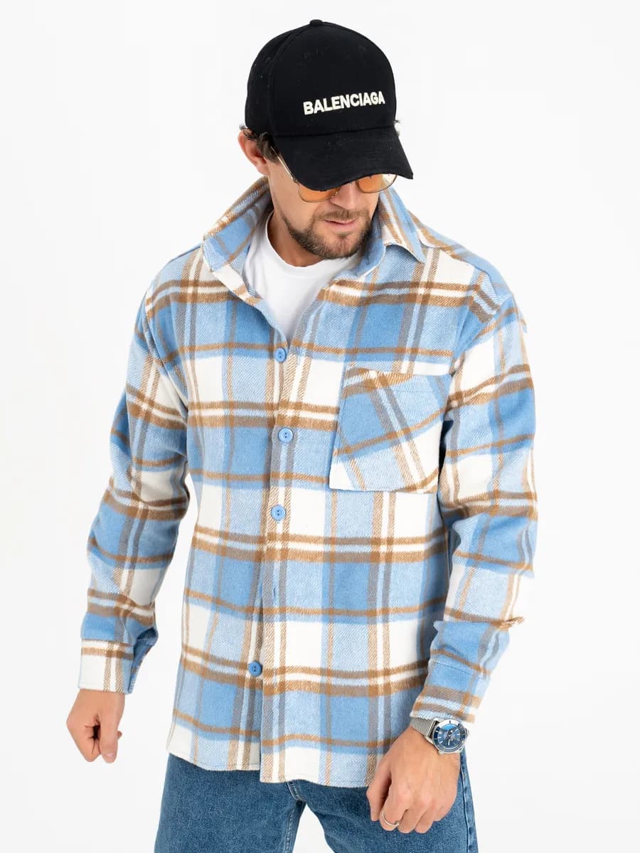 Рубашка с длинным рукавом теплая в клетку оверсайз