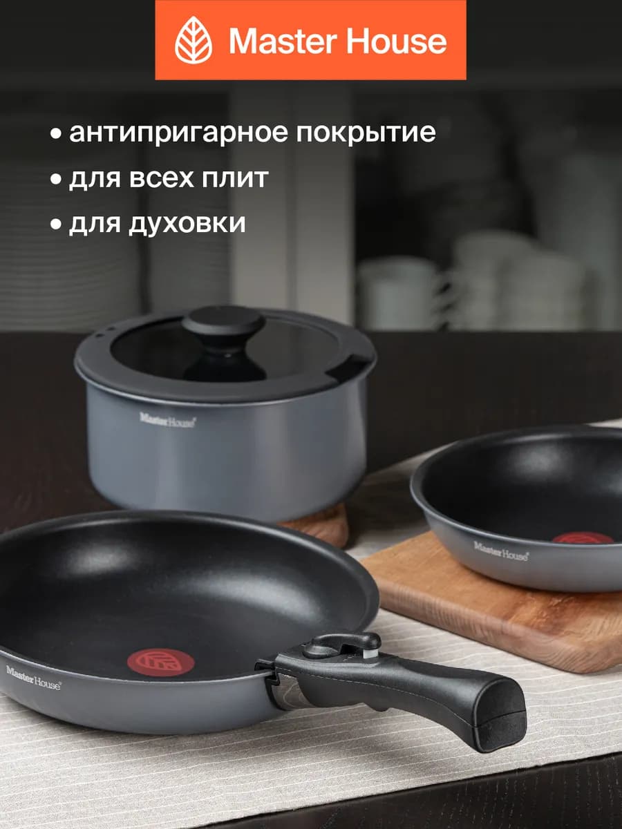 Набор сковород антипригарных со съемной ручкой для индукции