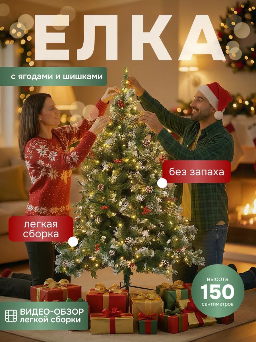 Елка искусственная новогодняя с ягодами и шишками 150 см