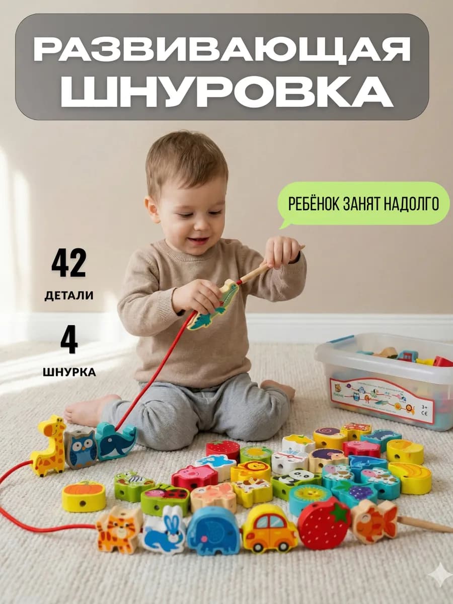 Шнуровка для детей развивающая деревянная в контейнере