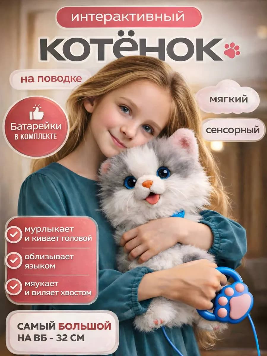 Интерактивная музыкальная игрушка умный котенок на поводке