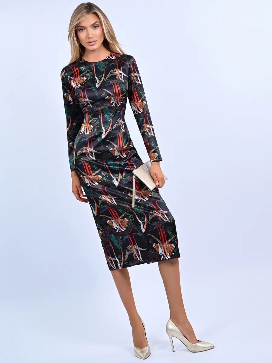 Платье атласное футляр миди облегающее офис принт