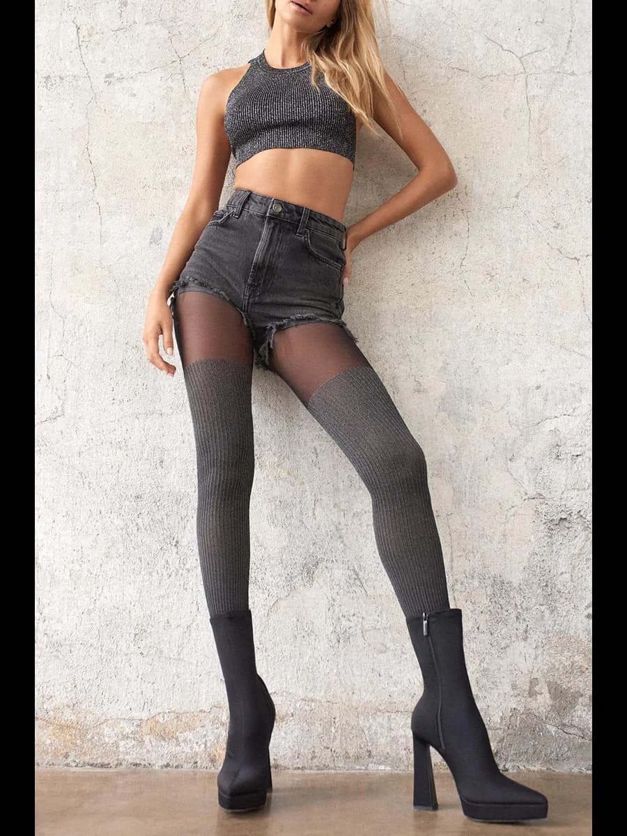 Колготки с имитацией чулок с рисунком рубчик