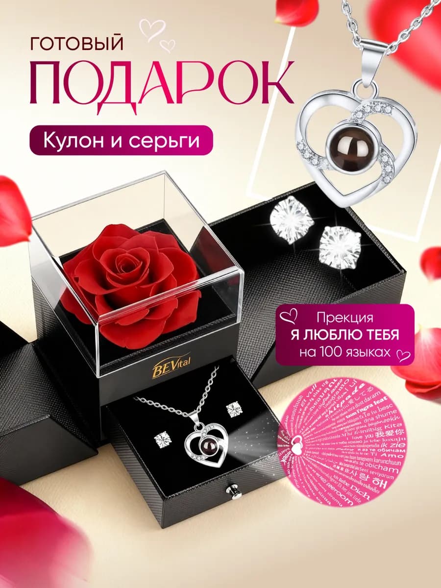 Подарок женщине на новый год роза с кулоном и серьгами