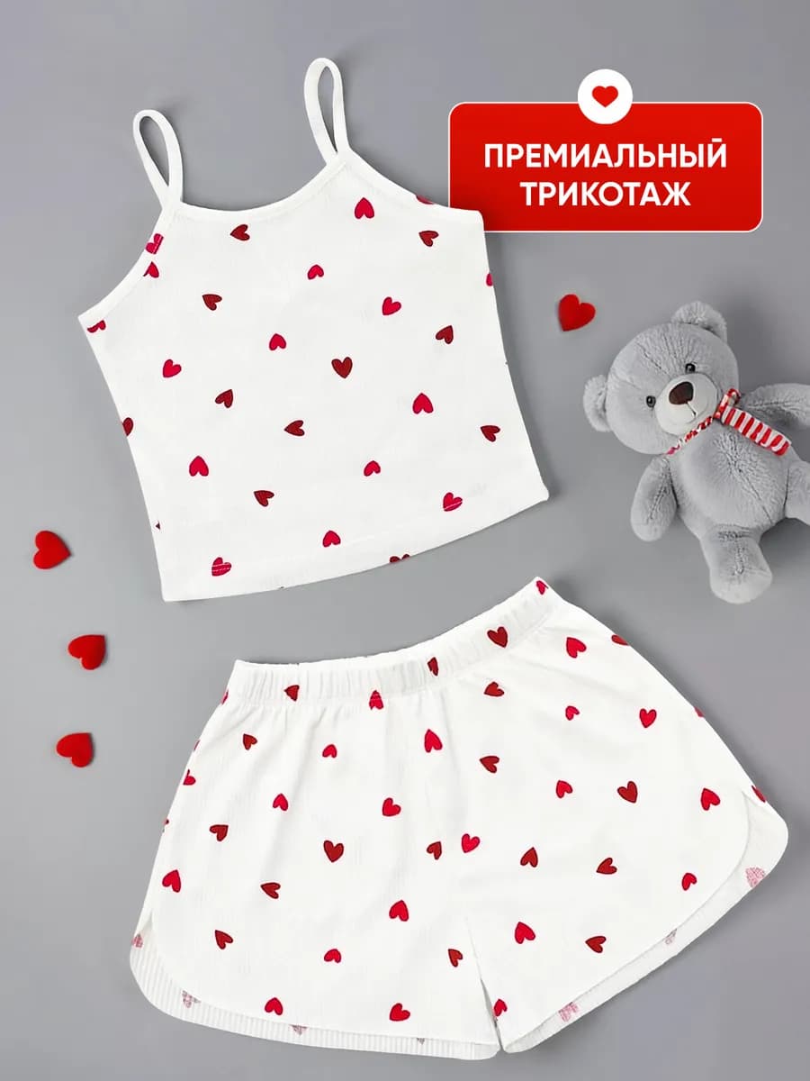 Пижама детская с шортами и майкой с сердечками - фото 1