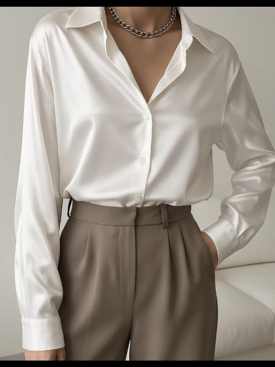 Рубашка белая атласная шелковая нарядная оверсайз - фото 1