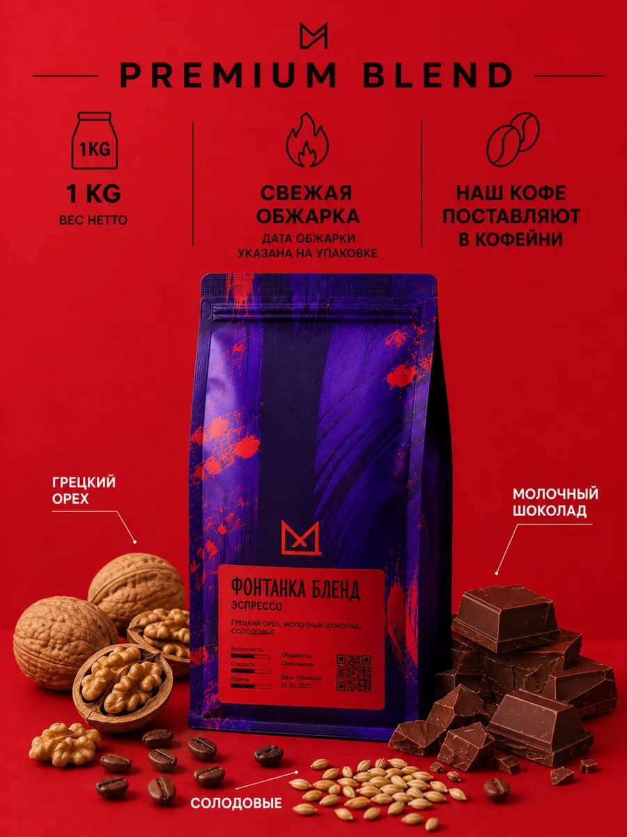 Кофе в зернах Фонтанка бленд 1 кг арабика робуста